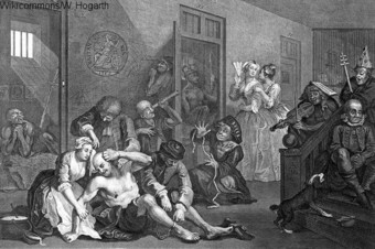 Vue du Royal Bethlem Hospital de Londres représenté dans une gravure de W. Hogarth, 1763